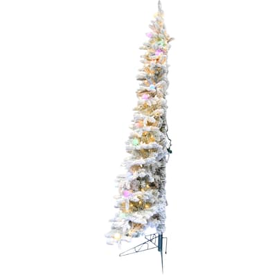 Fraser Hill Farm 6.5-ft. Snowy Christmas Half Tree with Flock, Warm White LED, and Frosted G40 Multicolored Lighting - Snow