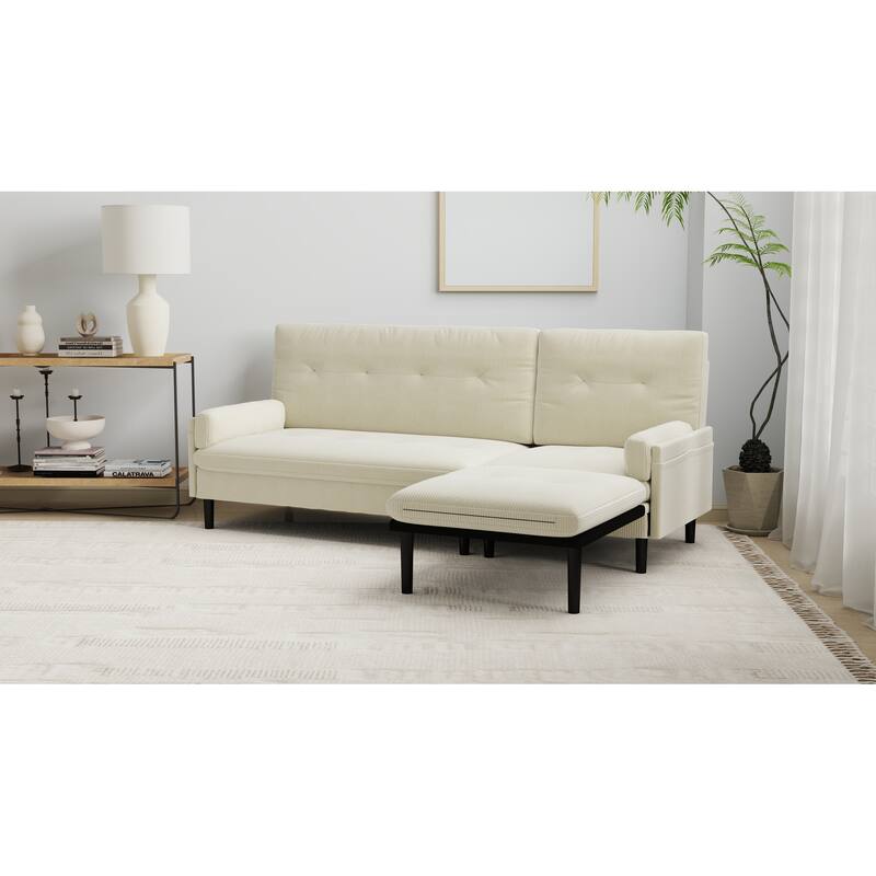 Ivory Corduroy Convertible 3-Seater L-Shaped Sofa and Bed