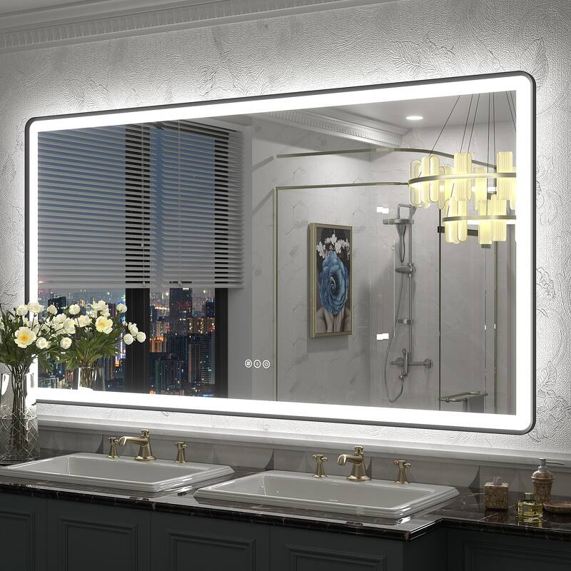 UL Certified Front & Back LED Anti-Fog Tempered Glass Framed Bathroom/Vanity Mirror 3-Year Warranty - 48" x 40"-Rounded Corner - Black
