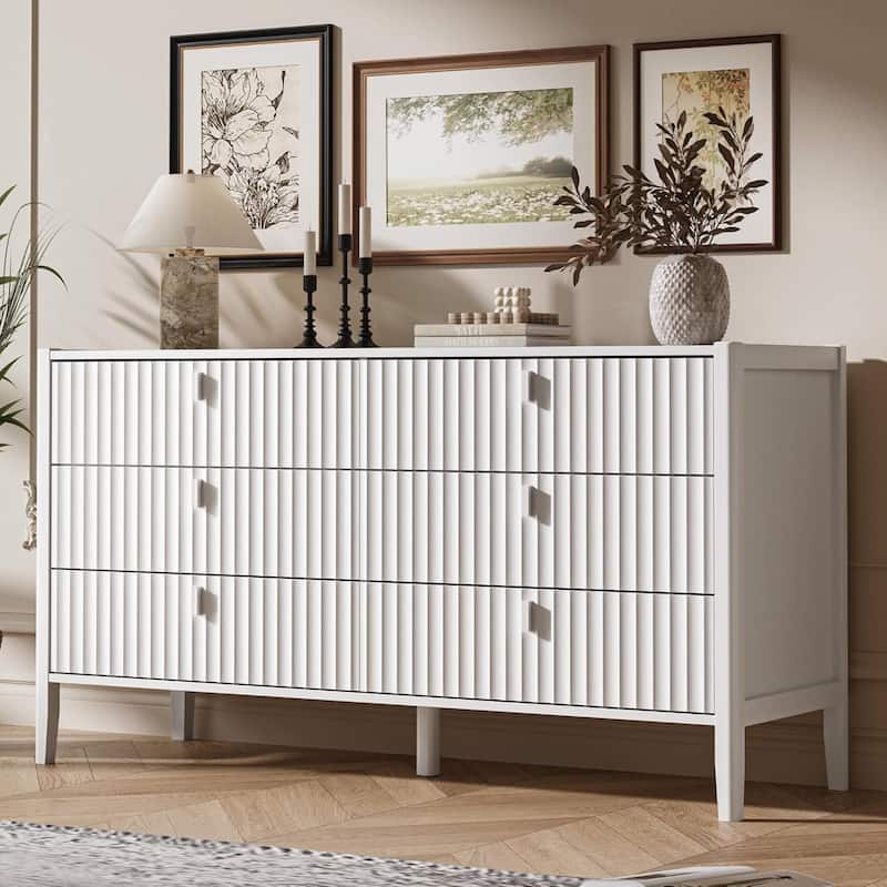 Modern Dresser, Fluted Wood Chest with Deep Drawers for Bedroom, Living Room - White - 6-drawer