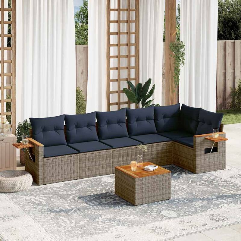 vidaXL 7 Piece Patio Sofa Set with Cushions Grey Poly Rattan (US only) - 122.8x33.5x57.9