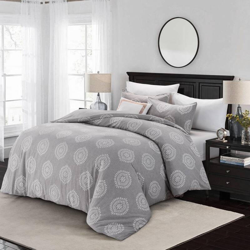 WHOLINENS Linen Blend Duvet Cover Set- Crewel Embroidery - pastel-grey-Medallion - Queen