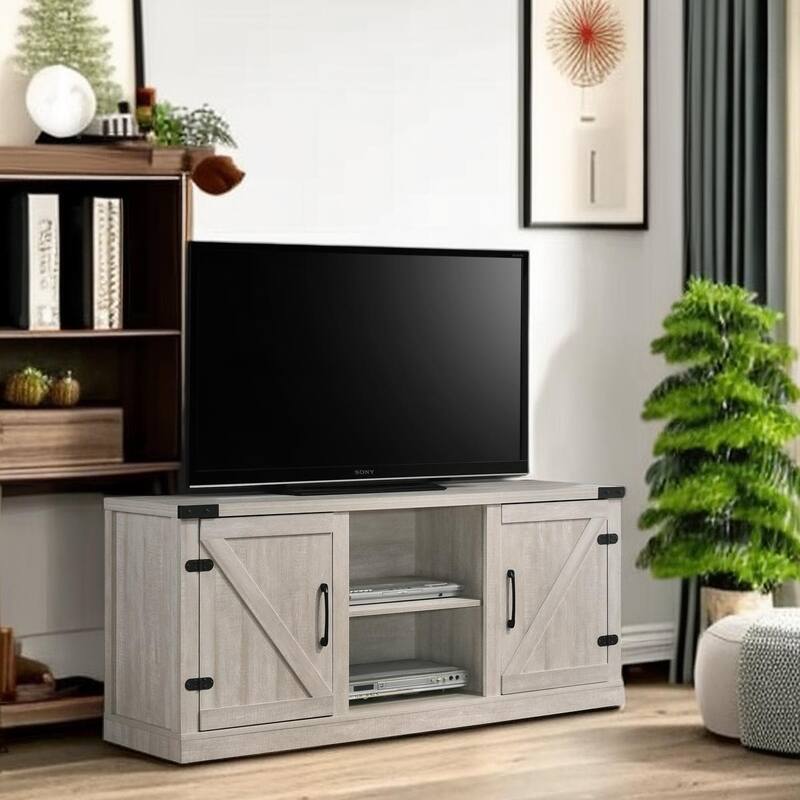58 Inch Farmhouse TV Stand for up to 65" TV with Doors and Open Shelves Media Console Power Outlet