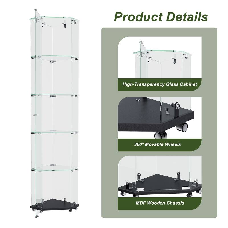 4-Tier Tempered Glass Display Case with 5-Mode Dynamic LED Lighting, Diamond Curio Cabinet for Collectibles Home Showcase
