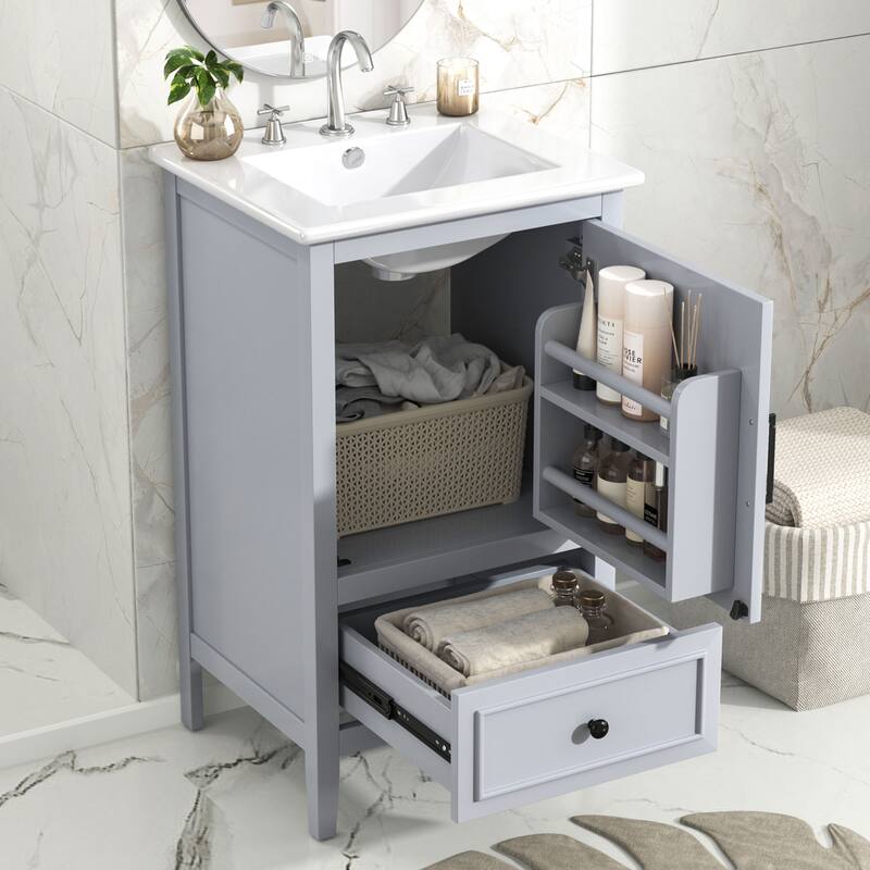 Modern 20-Inch Bathroom Vanity with Sink, Painted Finish, and Adjustable Foot Pads - 20in L Acacia Wood,Ceramic,Solid Wood+MDF - 20in L Acacia Wood,Ceramic,Solid Wood+MDF - 20in L Grey