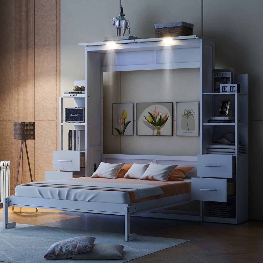Murphy Bed Cabinet with 2 Four-Layer Shelves and 4 Drawers, Wood Folding Hidden Wall Bed Frame, LED Murphy Wall Bed Frame
