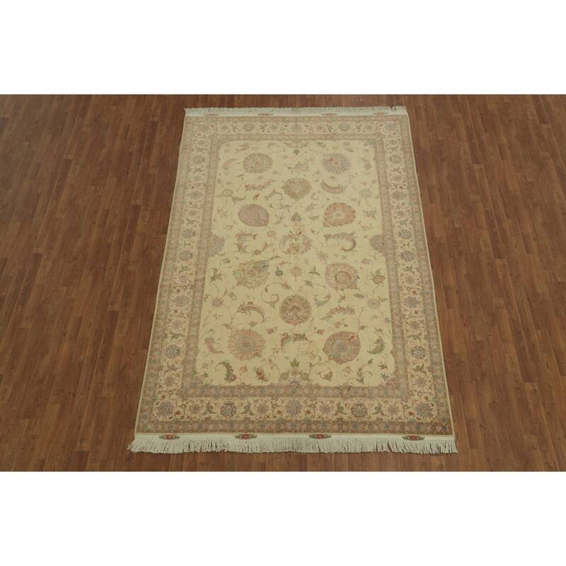 Hand Knotted Oriental Wool & Silk Carpet Traditional All-Over Beige & Ivories Tabriz Area Rug - 9' 9'' X 6' 8''