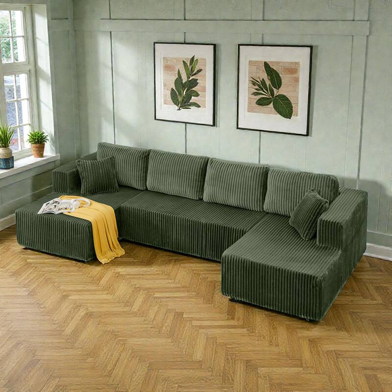 U Shaped Modular Sectional Sofa, Modern Minimalist Corduroy Compressed Couch, Sleeper Sofa for Living Room - Green