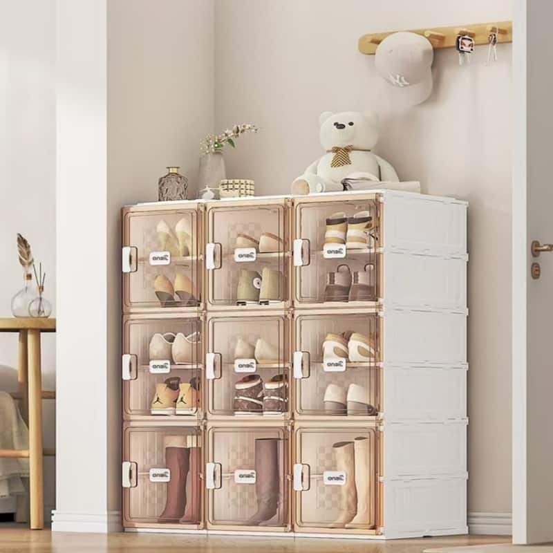 Foldable Shoe Storage Box with Clear Dustproof Magnetic Door for Closet or Living Room