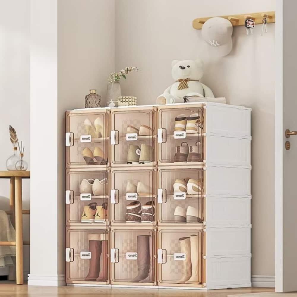 Foldable Shoe Storage Box with Transparent Magnetic Door and Dustproof Organizer for Home
