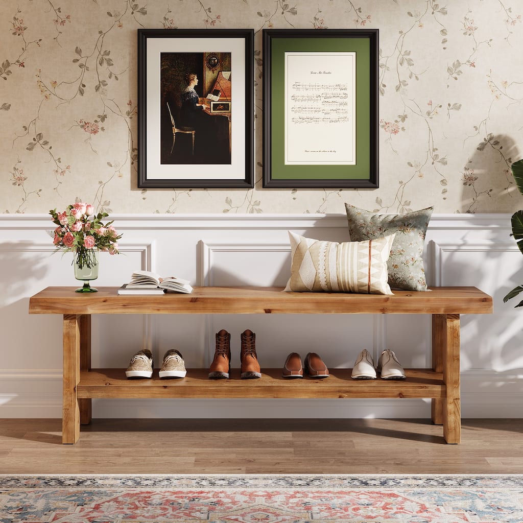 55" Solid Wood Entryway Bench with Storage Shelf