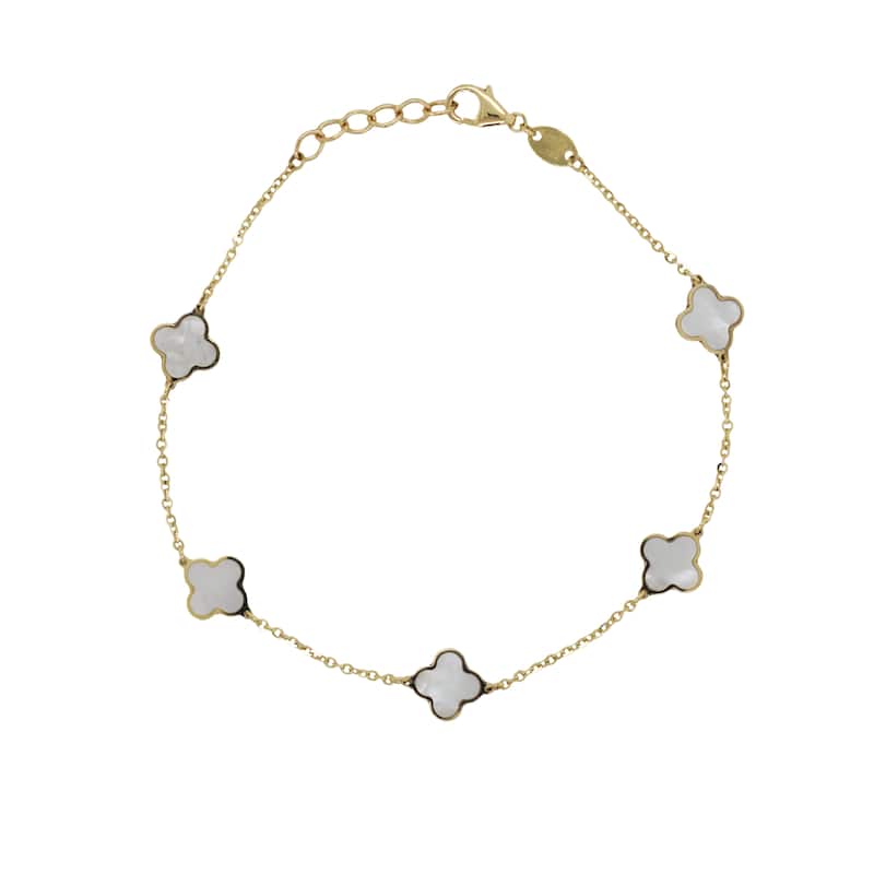Italian Gold 14K Yellow Gold Mother of Pearl Clover Station Brcelet 7mm Clover size - Yellow