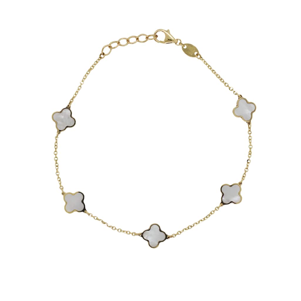 Italian Gold 14K Yellow Gold Mother of Pearl Clover Station Brcelet 7mm Clover size