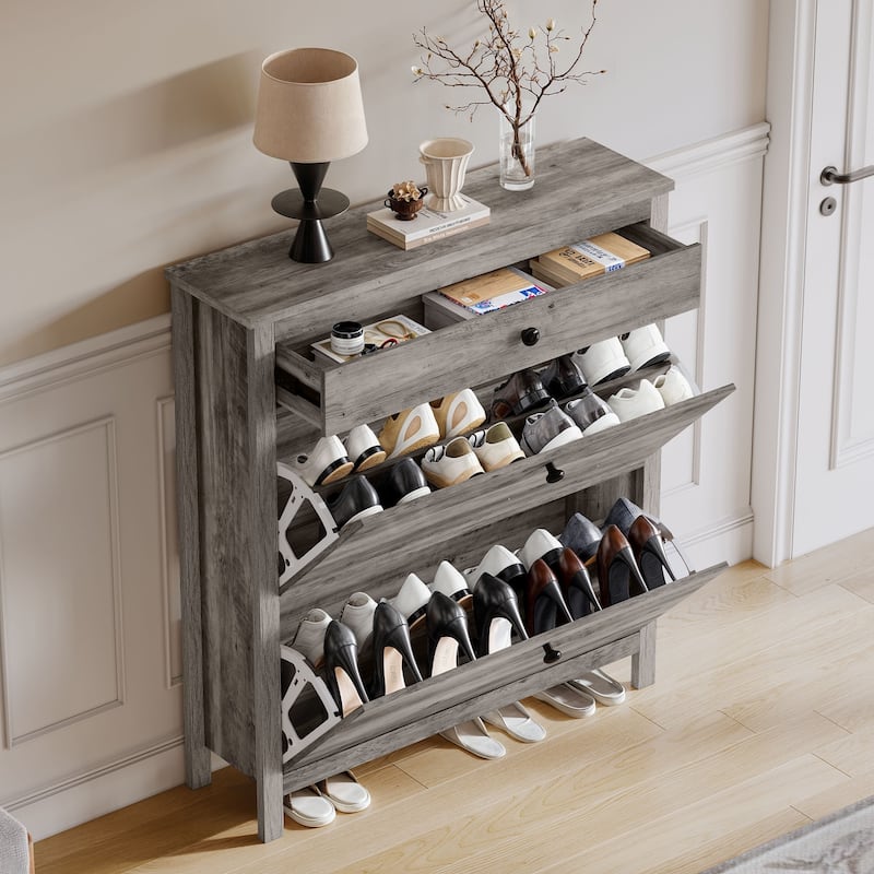 Moasis Narrow Shoe Cabinet with 2 Flip Drawers Adjustable Shoe Rack for Entryway