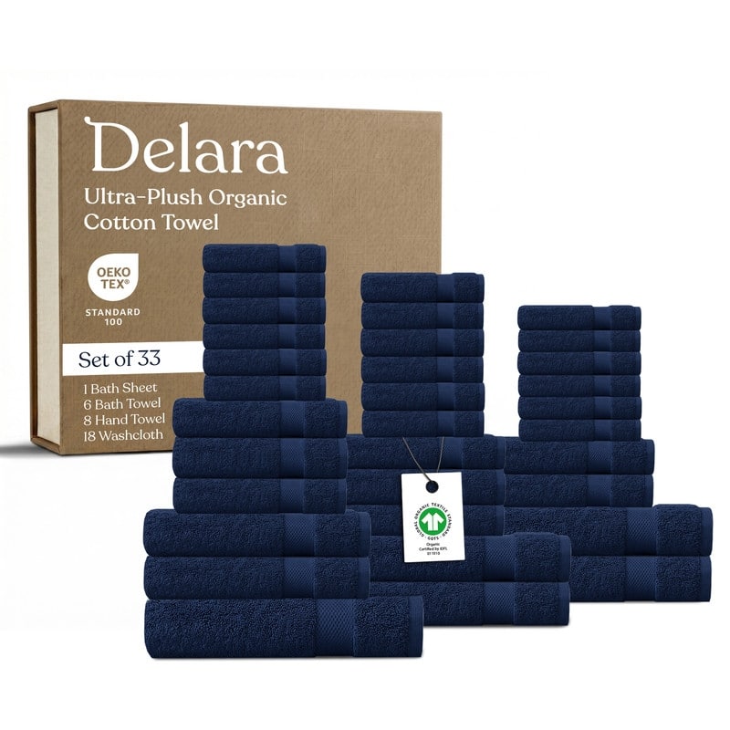 Delara Organic Cotton Luxuriously Plush Towel 33 Piece Set, GOTS & OEKO-TEX Certified, 650 GSM Long Staple