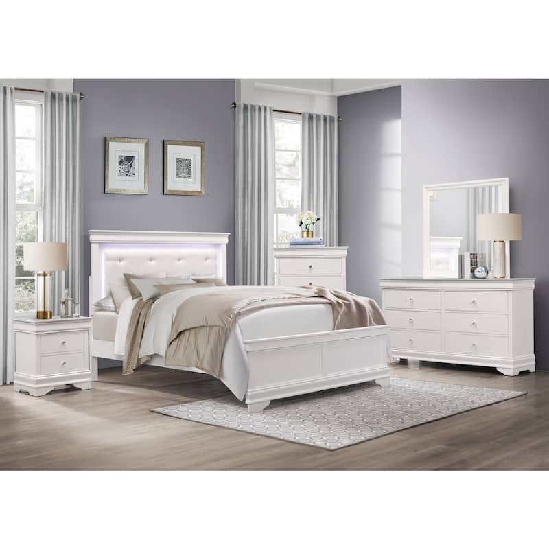 Eran White LED Faux Leather Upholstered King Panel Bed