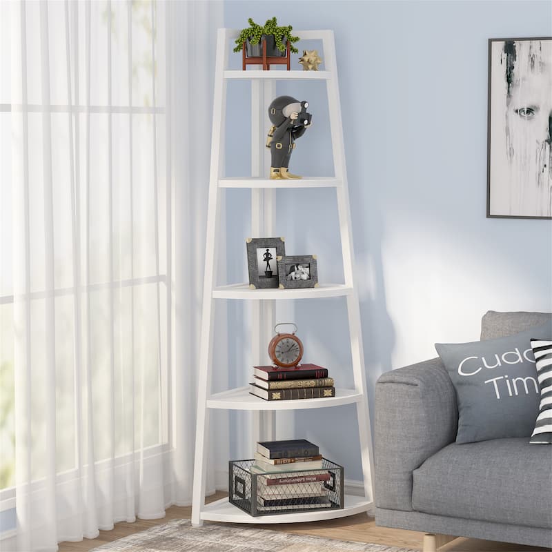 5 tier Bathroom Corner Shelf Storage Tower Cabinet Rustic Brown - White