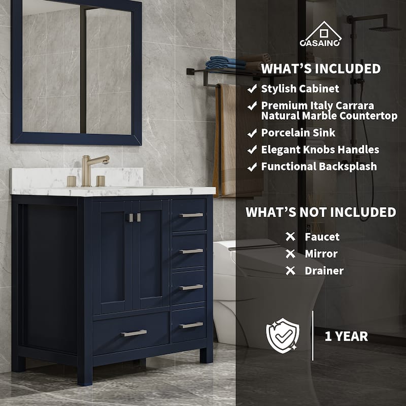 36 in. W x 22 in. D x 35.4 in. H Bath Vanity in Navy Blue with White Top and Basin