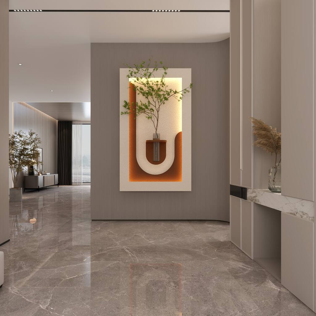 Adjustable 3-Color LED Sandstone Wall Decor with Simulated Green Plants, Glass Vase & Rabbit Statue, Remote Control Light Strips