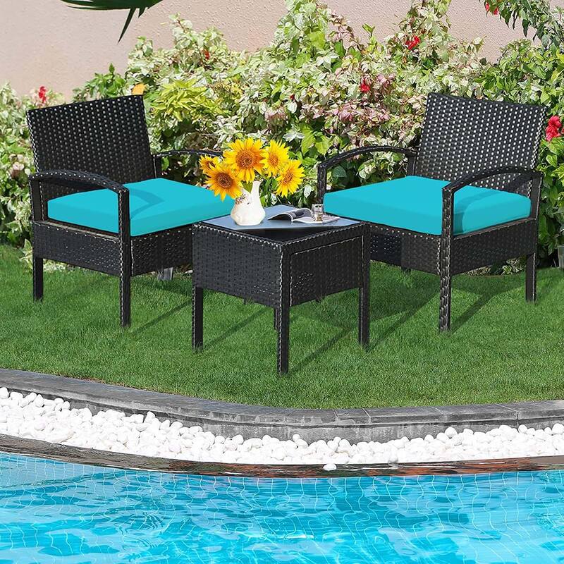 3PCS Patio Rattan Furniture Set with Cushioned Sofa and Coffee Table