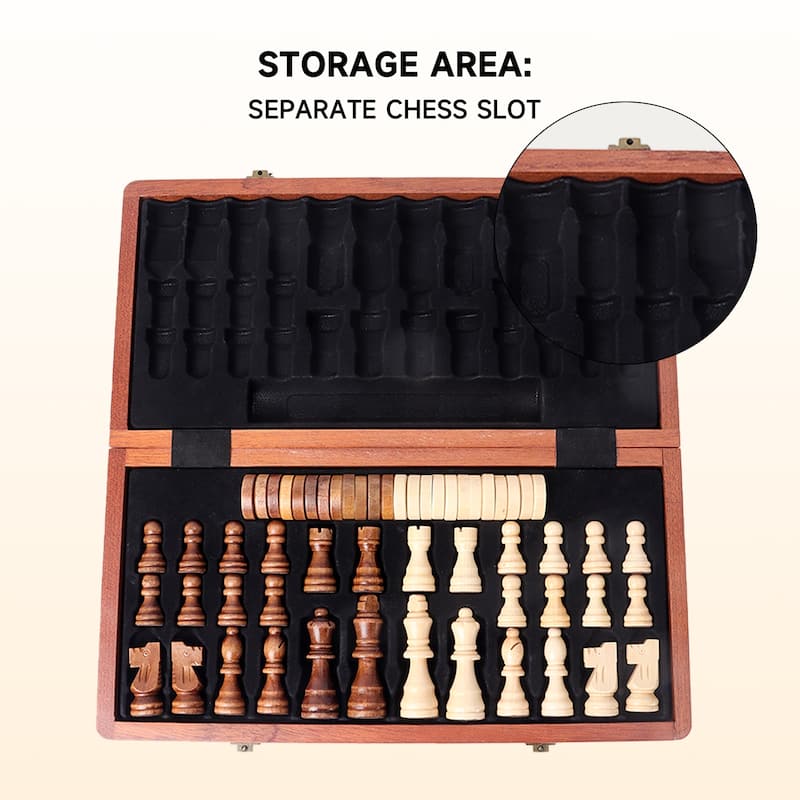 15" Large Wooden Folding 2-in-1 Chess and Checkers Board Game Set with Storage Box
