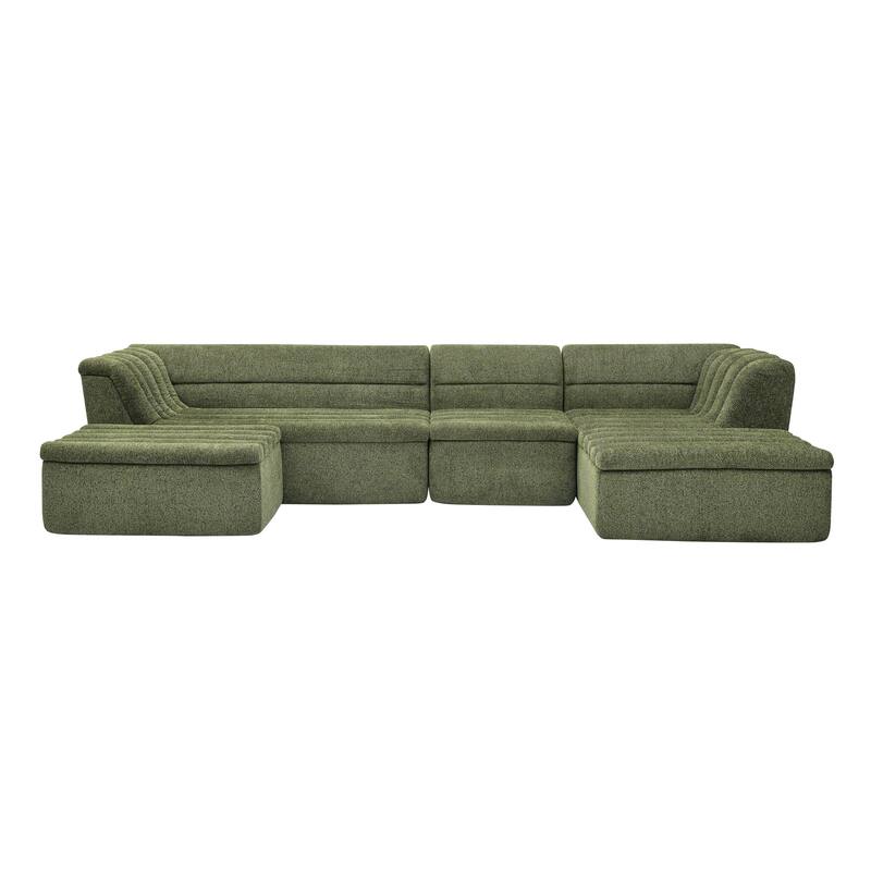 Roomfitters U-Shaped Modular Sectional Sofa with Chaise and Movable Ottoman, Chenille Upholstery and Wave-Shaped Armrest