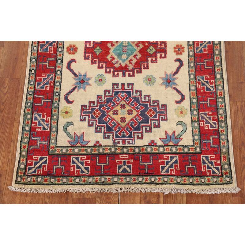 Ivory Geometric Kazak Foyer Rug Hand-Knotted Wool Carpet - 2'9" x 4'2"