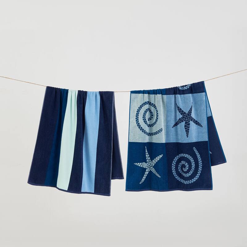 Luxurious Cotton Printed Beach Towel - 30" x 60" - Starfish / Stripe