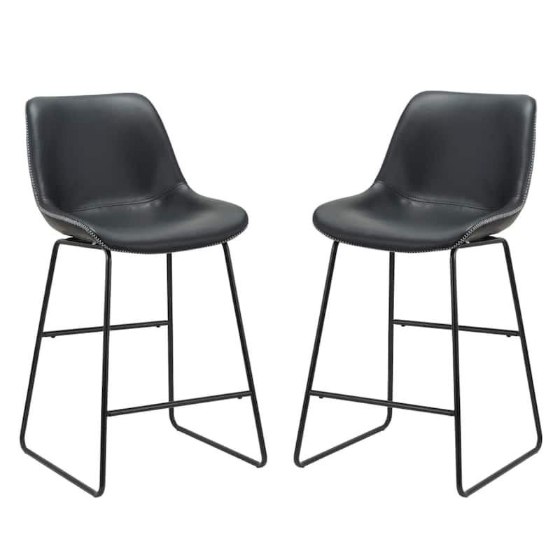 HomeRoots Set of Two Black Faux Leather and Metal Low Back Counter Height Bar Chairs