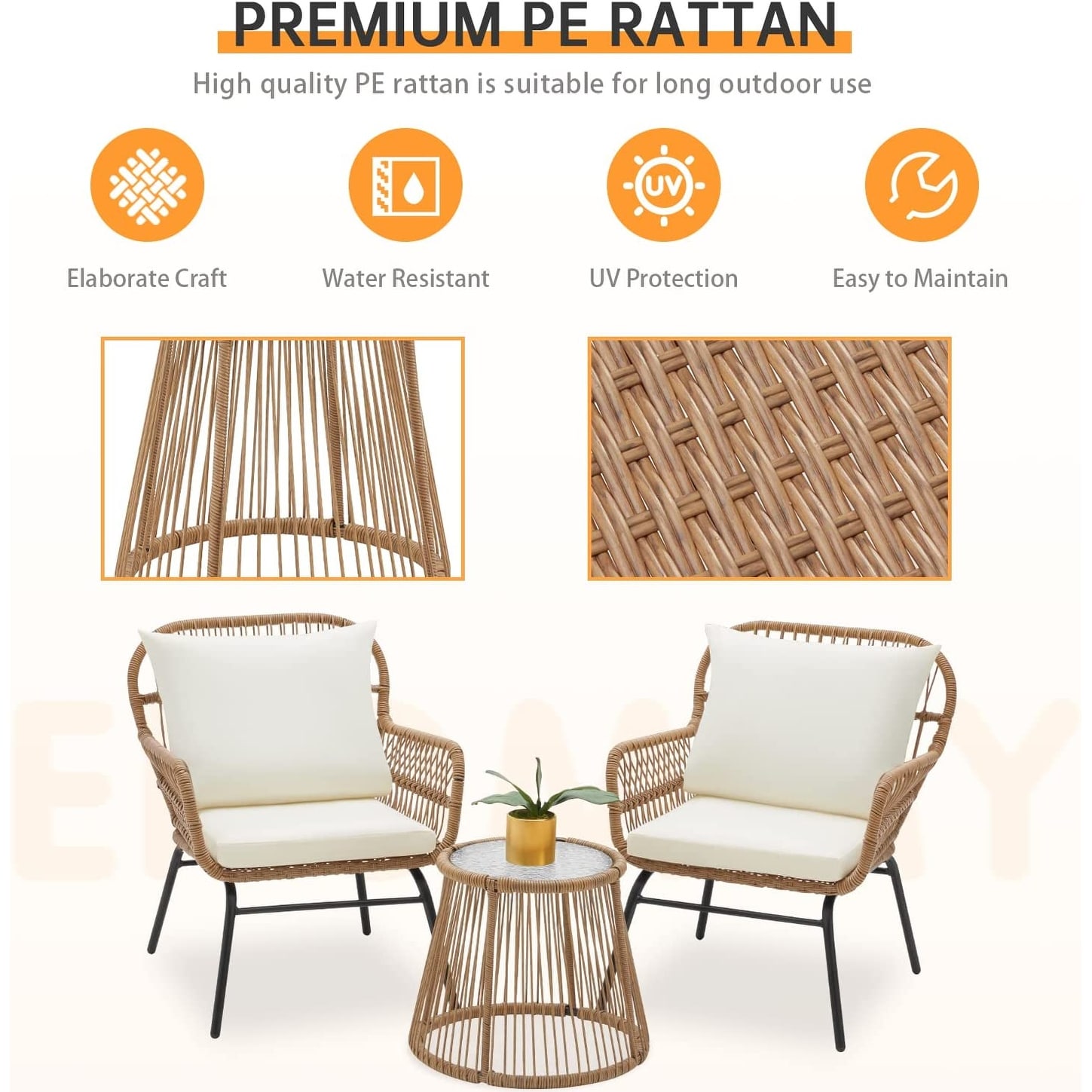 EROMMY 3-Piece Patio Conversation Set with Glass Table & 2 Armchairs, Seat Cushions