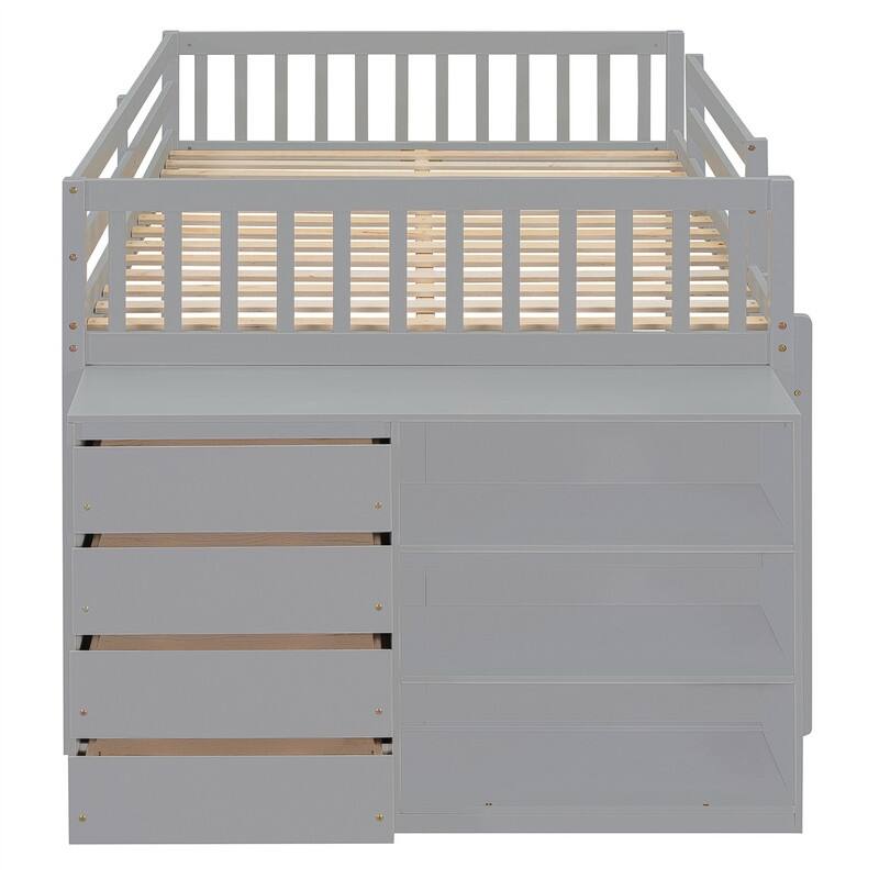 Twin Over Twin/Full Over Full Floor Bunk Bed with Drawers and 3 Storage Shelves, Solid Wood Low Bunk Bed Frame with Ladder