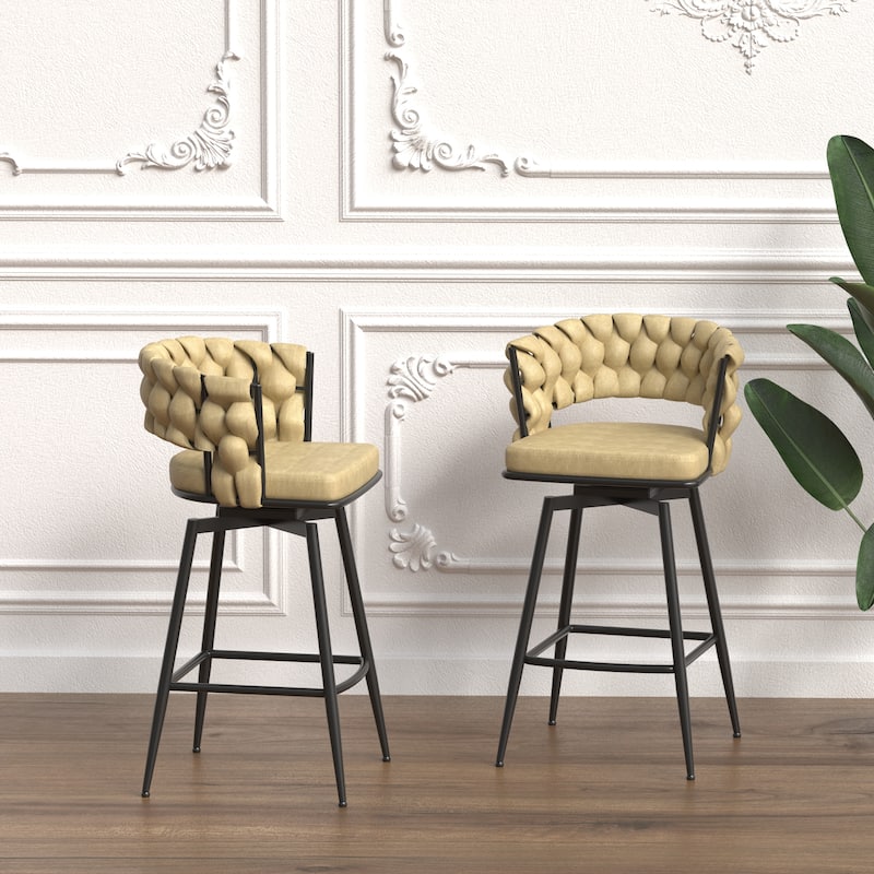 2 Woven Bar Stool,Black Legs No Adjustable Chairs,360 Swivel Upholstered Bar Chair Counter Stool Arm Chairs With Back Footrest - Light Brown