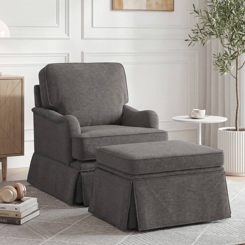 Modern Chenille Swivel Armchair Storage Ottoman - Set of Chair with Ottoman - Tan