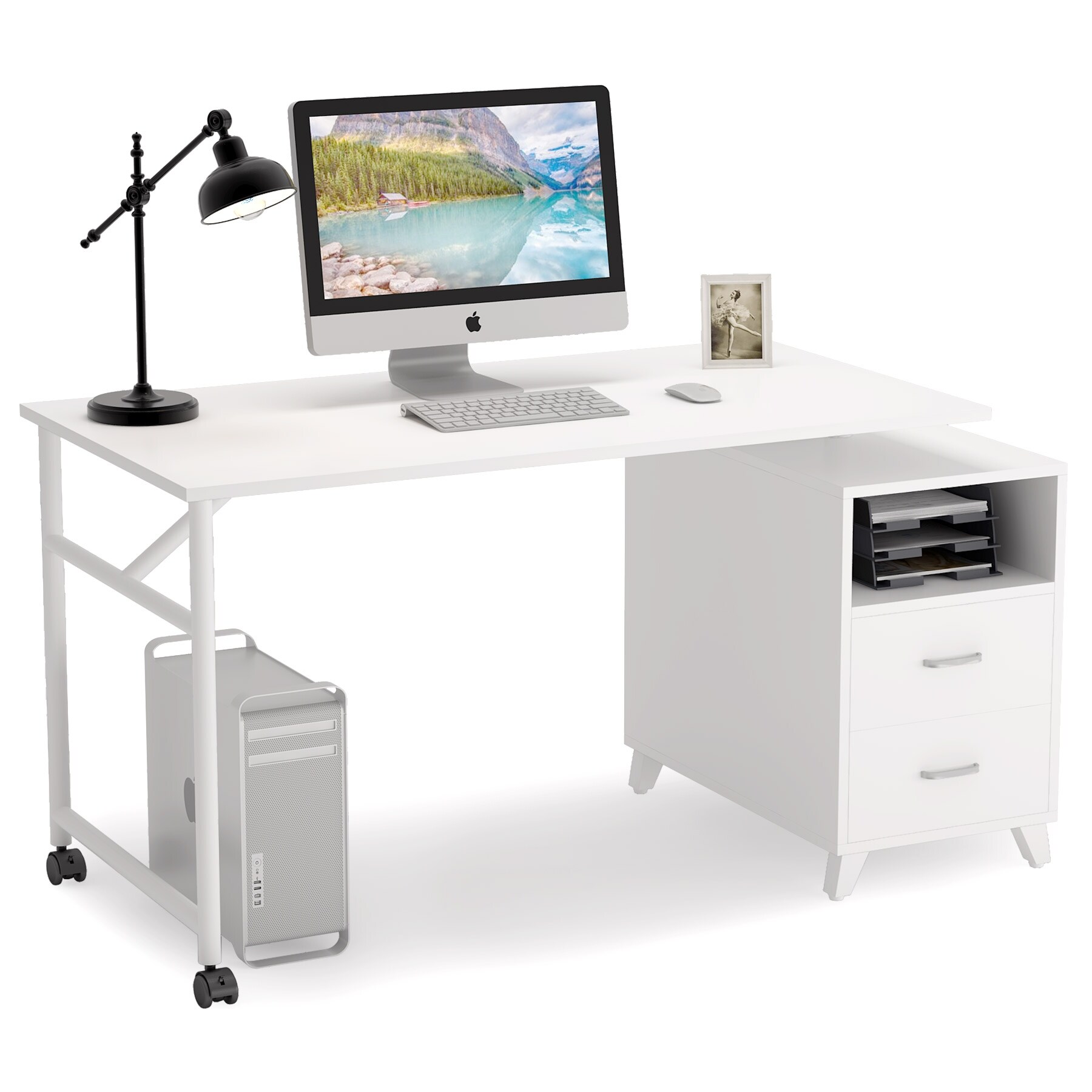 Reversible Computer Desk Rotating Office Desk With Storage Drawer and Cabinet