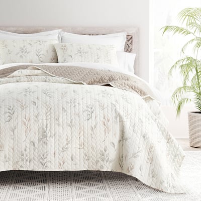 Becky Cameron All Season 3 Piece Watercolor Leaves/Stripe Reversible Quilt Set with Shams