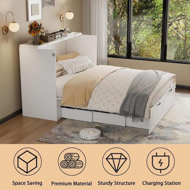 Murphy Bed Cabinet with Charging Port and Storage Drawer, White