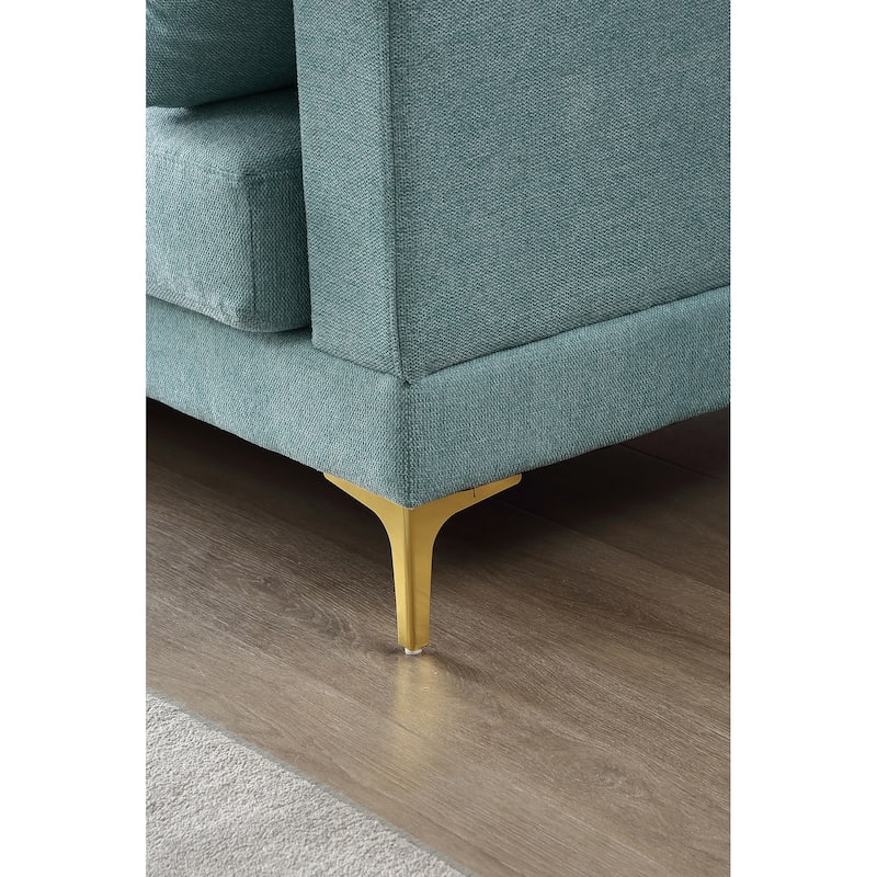 92'' Modern Turquoise L-Shaped 3 Seat Sofa with Ottoman, 2 Pillows, Gold Metal Legs, and Polyester Upholstery