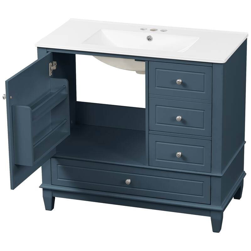 Roomfitters 36" Bathroom Vanity with Ceramic Sink, Solid Wood Frame, 3 Drawers & Soft-Close Door with Racks