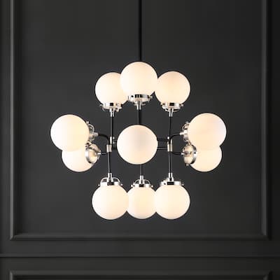 SAFAVIEH Couture Cullen White Glass 12-Light Pendant - 31 IN W x 31 IN D x 28.5 / 58.5 IN H