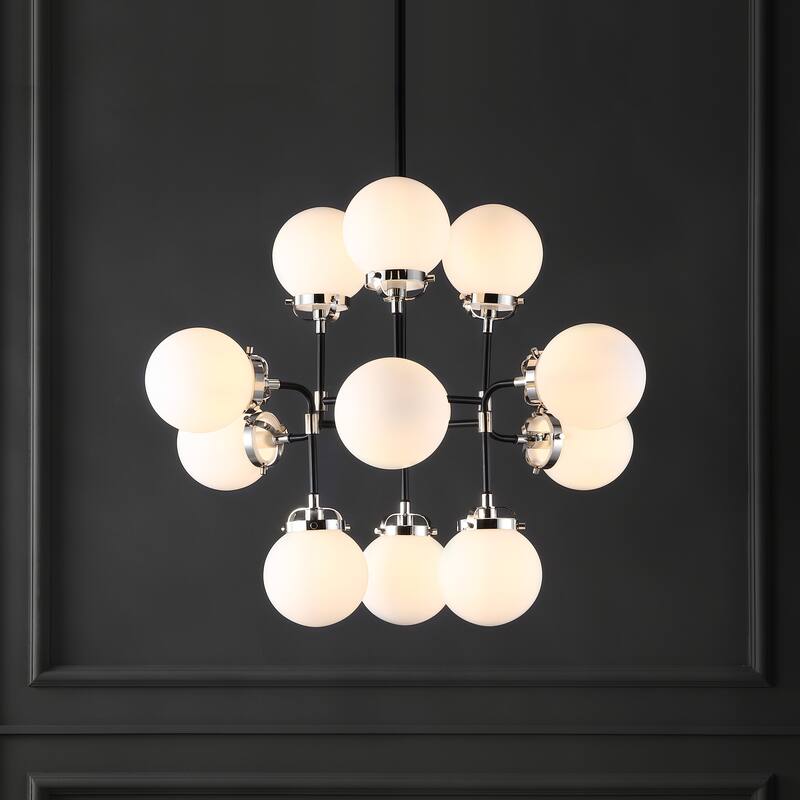 SAFAVIEH Couture Vergie White Glass 12-Light Pendant - 31 In W x 31 In D x 28.5 / 58.5 In H - Black - 31Wx31Dx59H