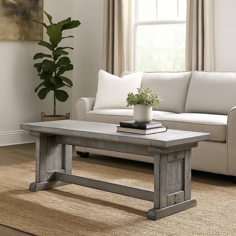 Bench, 48 Inch Wide Farmhouse Plank Style Seat, Gray Pedestal Base
