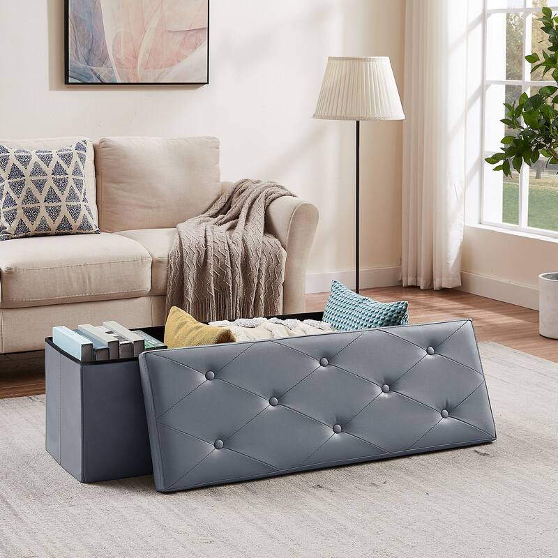 VECELO Folding Storage Ottoman, Bedroom Storage Bench, Versatile Footrest Footstool Tufted Faux Leather Chest for Living Room
