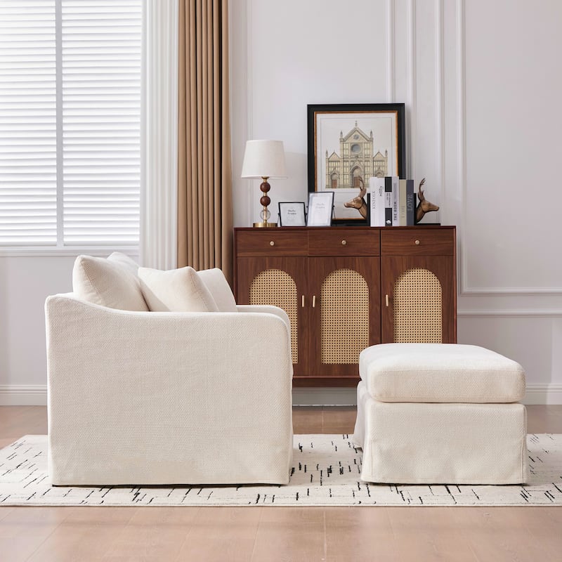 Morden Accent Chair with Ottoman, Chenille Living Room Side Chair, Single Sofa Armchair with Bolster Pillows