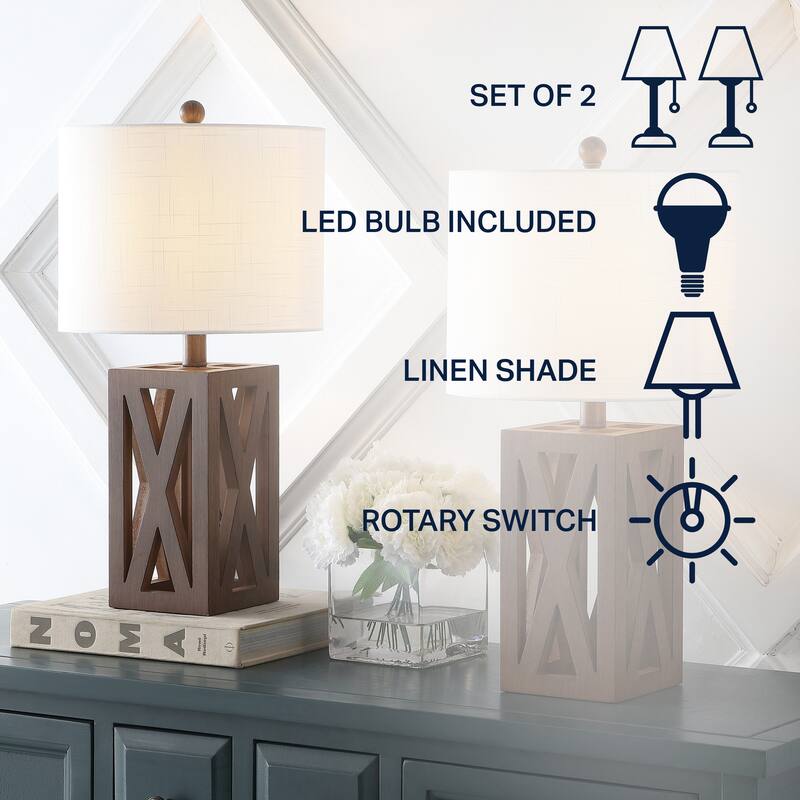 Ibiza 21.5" Farmhouse Wood LED Table Lamp, Brown (Set of 2), by JONATHAN Y