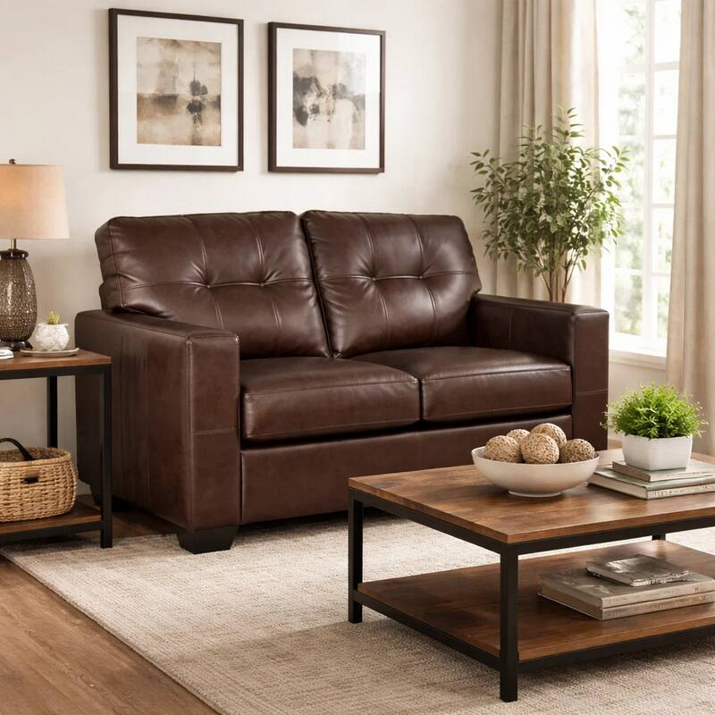 Orion Loveseat, Dark Brown Tufted Real and Faux Leather Seats, 62 Inch
