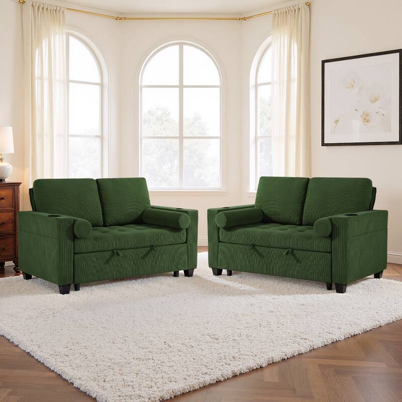 2 Set Corduroy Convertible Sleeper Sofa Bed Loveseats with Cup Holder, USB Ports & Storage