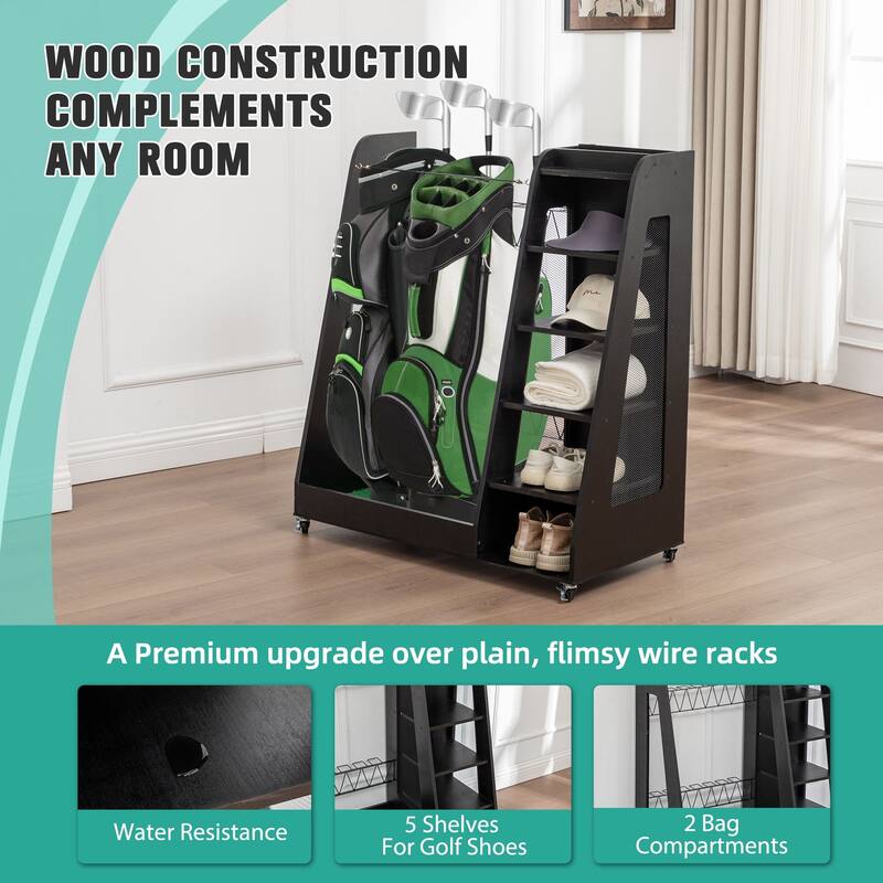 Premium Wooden Golf Clubs Storage Rack Fit 2 Golf Bags