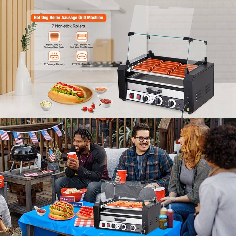 Electric 18 Hot Dog 7 Roller Grill Machine with Warming Drawer - 7 Rollers