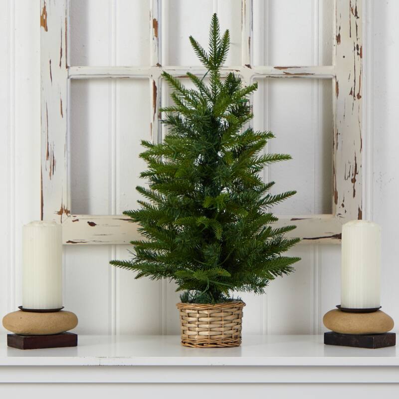 2ft. Artificial Christmas Tree with 35 Clear LED Lights in Decorative Basket - Petite Festive X-Mas Accent for Home Décor