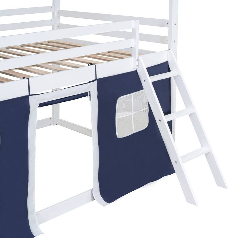 White+Blue Wood Castle House Bunk Bed with Windows, Sills, Tent, and Slide, Playhouse Design
